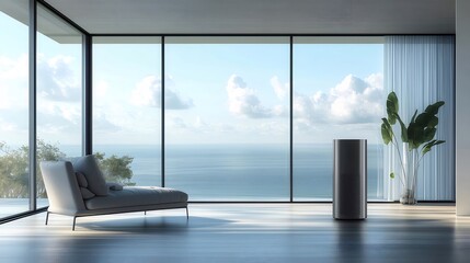 Aufkleber - 海の景色を望むモダンな白いインテリアの部屋、白いラウンジチェア、植物、広々とした空間と明るい自然光