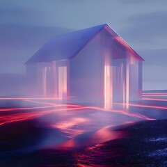 Poster - 紫と赤の光が溢れる霧の中の神秘的な家 屋外のフィールドに佇むミニマルな建築構造 夜の静けさを表現した抽象的な背景アート