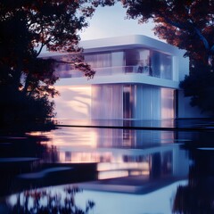 Aufkleber - 水面に反射するモダンな白いキューブ住宅 赤い木のアクセントと夕暮れ時の美しい照明が特徴