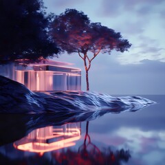 Aufkleber - 輝く木の反射と水辺の抽象的な建築を持つ現代的な海の夜の風景