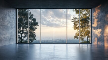 Aufkleber - Modern, minimalist interior with panoramic city views.  Large windows showcase sunset over urban landscape
