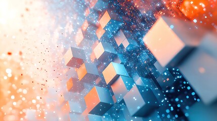 Aufkleber - 青とオレンジのキューブ背景、幾何学的なパターン、粒子効果、デジタルアートとモダンなデザイン、抽象的な3Dレンダリング、視覚的なイノベーション