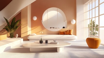 Poster - Modern, minimalist living room with warm tones and natural light