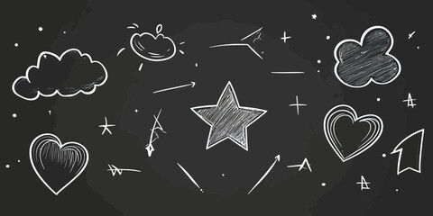 Poster - Hand drawn chalkboard doodle stars hearts arrows clouds sketch style decorative elements for creative design and art inspiration background vector illustration