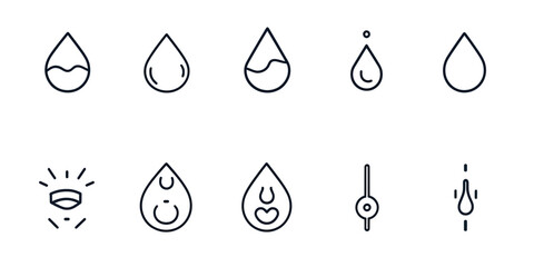 Wall Mural - set of minimalistic thin line water drop icons with different liquid levels, splash, and drop shapes