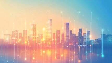 Poster - ソフトフォーカスによる青とオレンジ色の未来的な都市のスカイラインにおける抽象的な接続ライトのイラスト