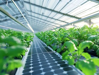Poster - 温室内の太陽光発電パネルと緑の植物の行 近未来的な農業の概念を示しています