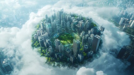Poster - 雲に浮かぶ緑豊かな都市の円形パノラマビュー、未来的な建築デザインと環境への配慮を強調