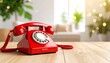 © Pastel - A vintage red rotary phone sits elegantly on a wooden table, surrounded by a bright, modern interior with plants and soft lighting