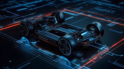 Poster - 青と赤の回路を備えた未来的な電気自動車シャーシのデジタル抽象表現
