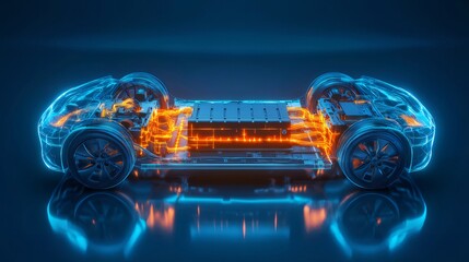 Aufkleber - 青とオレンジの照明で描かれた透明な電気自動車の断面図 未来的な技術デザインの青い背景