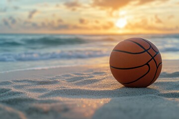 Wall Mural - Basketball on a sandy beach during a golden sunset by the ocean. It shows sports, recreation, and summer vacation themes.
