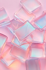 Poster - Clear blocks scattered on plain pink surface. Light shines through objects creating iridescent colors. Shiny transparent squares. Bright smooth pastel tones. Glass objects on background