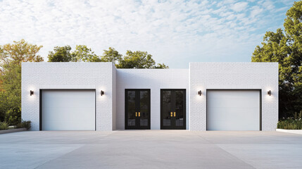 Aufkleber - Modern light grey garage with two doors, white brick exterior, black framed glass entry, outdoor wall lights, and spacious driveway under blue sky with trees in background
