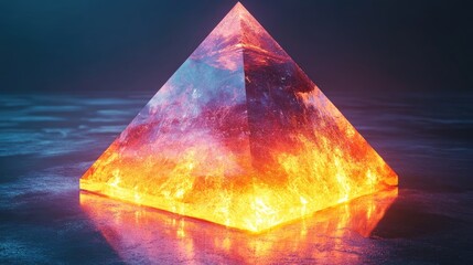 Fototapete - Glowing pyramid with fire and smoke effect on dark, reflective surface