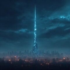 Poster - Futuristic metropolis: A spire of gleaming light pierces through the ethereal nightscape