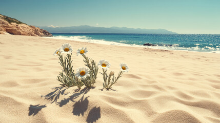 Wall Mural - serene beach scene featuring delicate daisies growing in soft sand, with gentle waves lapping at shore and distant mountains under clear blue sky, evoking sense of tranquility and natural beauty