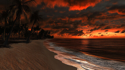 Wall Mural - serene beach scene at sunset, featuring palm trees silhouetted against dramatic sky filled with vibrant orange and dark clouds. gentle waves lap at shore, creating peaceful atmosphere
