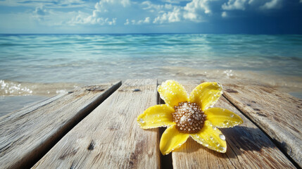 Wall Mural - yellow flower rests on weathered wooden planks by serene beach, with gentle waves lapping at shore under dramatic sky. scene evokes sense of tranquility and natural beauty