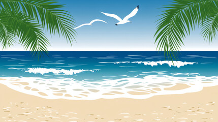 Wall Mural - serene beach scene featuring gentle waves, clear blue sky, and seagulls flying above. Lush palm leaves frame image, creating tranquil atmosphere perfect for relaxation