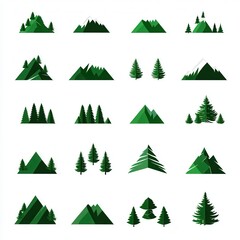 collection of green mountains and trees arranged in a grid on a white background design element