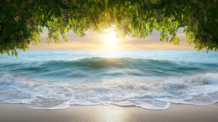 Wall Mural - serene beach scene featuring gentle waves lapping at shore, framed by lush green leaves. sun sets on horizon, casting warm glow over tranquil ocean, evoking sense of peace and relaxation