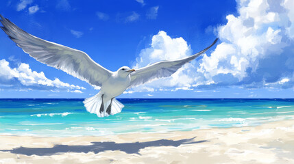 Wall Mural - serene beach scene featuring seagull soaring gracefully above turquoise waters, with fluffy white cl