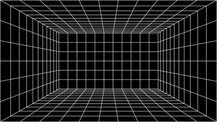 3d wireframe perspective grid room template design vector illustration background. Empty 3 dimension virtual room with perspective wireframe grid geometric sketch. Cyber virtual line interior frame.