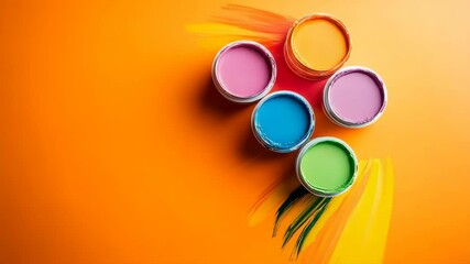 Poster - Colorful palette of paint is displayed on an orange background. The colors are bright and vibrant, creating a cheerful and lively atmosphere