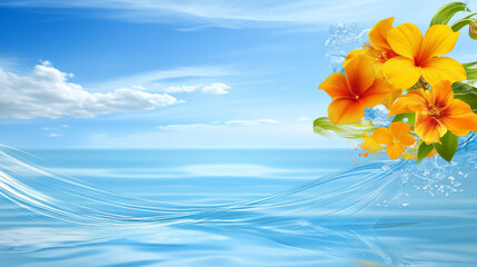 Wall Mural - bright yellow flowers bloom against serene blue ocean backdrop, creating vibrant and tranquil scene.