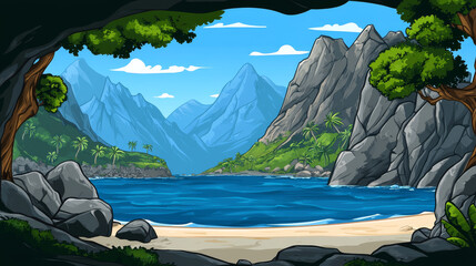 Wall Mural - serene tropical landscape featuring calm blue ocean, surrounded by majestic mountains and lush greenery. scene captures beauty of nature, evoking sense of tranquility and adventure