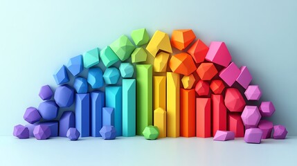 Colorful geometric shapes arranged in a rainbow.