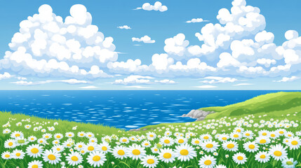 Wall Mural - landscape featuring bright blue sky filled with fluffy white clouds, overlooking serene ocean. foreground is adorned with field of daisies, creating cheerful and peaceful atmosphere
