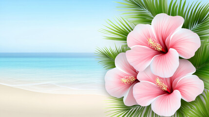 Wall Mural - serene beach scene featuring vibrant pink hibiscus flowers and lush green palm leaves, evoking tropical paradise. calm ocean and clear sky enhance tranquil atmosphere