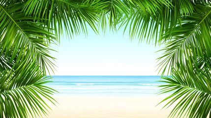 Wall Mural - serene beach scene framed by lush green palm leaves, evoking sense of tranquility and relaxation. ge