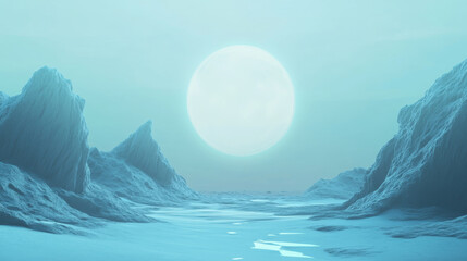 Wall Mural - serene landscape featuring icy mountains and large, luminous sun in pale blue sky. tranquil scene ev