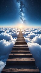 Poster - Wooden Stairway Ascending Through White Clouds to a Starry Sky and a Distant Light