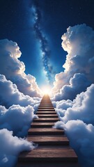 Poster - Wooden Stairway Ascending Through White Clouds to a Starry Sky and a Distant Light