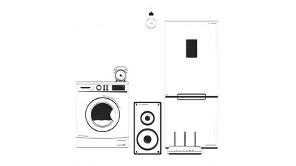 Poster - Modern home appliances hand drawn whiteboard sketch animation. Refrigerator, washing machine, speaker, Wi-Fi, alarm clock, light bulb animated 2D outline objects handdrawn 4K video pencil drawing