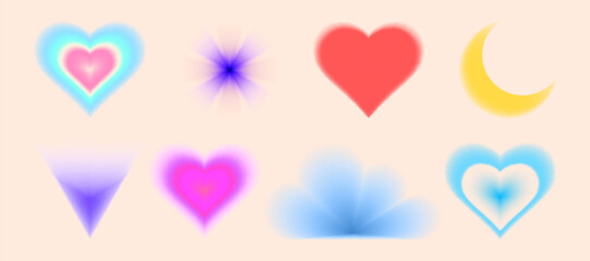 Poster - Y2K gradient heart shapes set - vibrant neon love symbols, star sparkle and moon isolated on light bg. Retro 90s cyber vector icons for romantic design, cute girly stickers, trendy valentine cards.