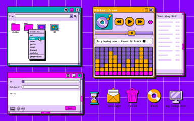 Poster - Retro software windows and icons set isolated on background. Vector illustration of y2k computer desktop interface, email message, media player, file manager frames, trash bin, pc disk, envelope signs