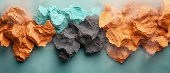 Poster - Textured rocks in vibrant colors of orange, black, and turquoise juxtaposed against a soft turquoise backdrop create a captivating visual effect enhanced by smoke