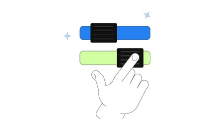 Poster - Interactive toggles to data study transition 2D onboarding ui animation. Hand interacting with sliders transforming into paperwork laptop animated cartoon flat concept 4K video isolated on white