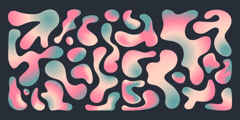 Poster - Abstract gradient shapes on black background. Contemporary vector illustration of pink, turquoise, beige color waves, liquid blobs of different size, colorful spots for creative groovy banner design