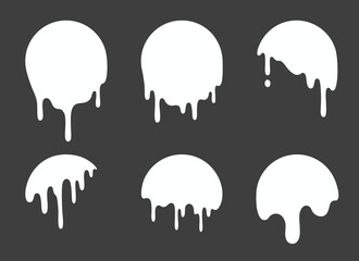 Poster - Dripping white circles set isolated on black background. Vector realistic illustration of abstract round shapes, liquid paint stains, melting fluid drops, grungy graffiti design, milk flow texture