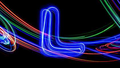 Poster - Blurred Light Waves Forming L Letters on Dark Background