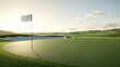 © BirD - Golf Green at Sunset with Flagstick and Sand Trap green flagstick sunset golf course putting green