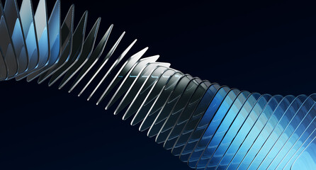 Poster - Abstract black 3d background with glass transparent rectangle plates row, light blue gradient and speed motion effect. Hologram curve wave line pattern. Render futuristic digital tech. 3D illustration