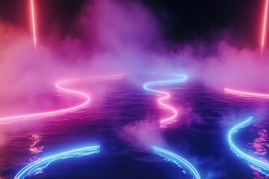 Background hazes softly, neon swirls with looping ripple