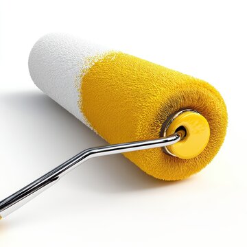 3D Render of a Paint Roller with Yellow Paint on White Background